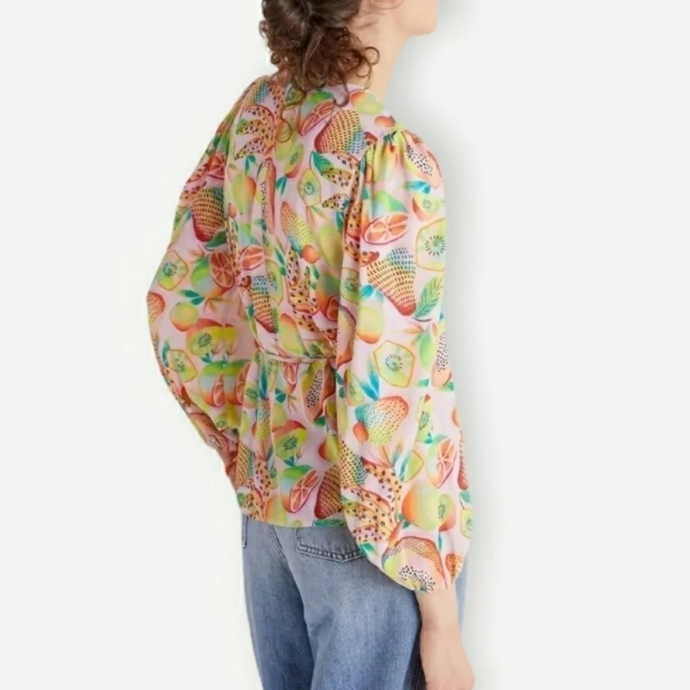 Anthropologie Farm Rio Tropical Fruit Print Beaded Wrap Top Small - Picture 10 of 14